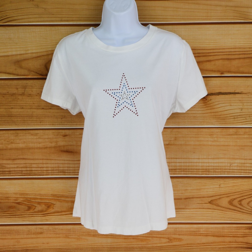 SJB Active T-Shirt Womens Size L White 100% Cotton Star Studded Short Sleeves